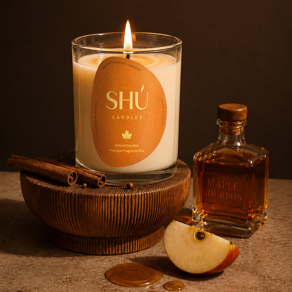 SHÚ Maple Bourbon soy candle with cinnamon sticks, apple slice and a bottle of maple bourbon