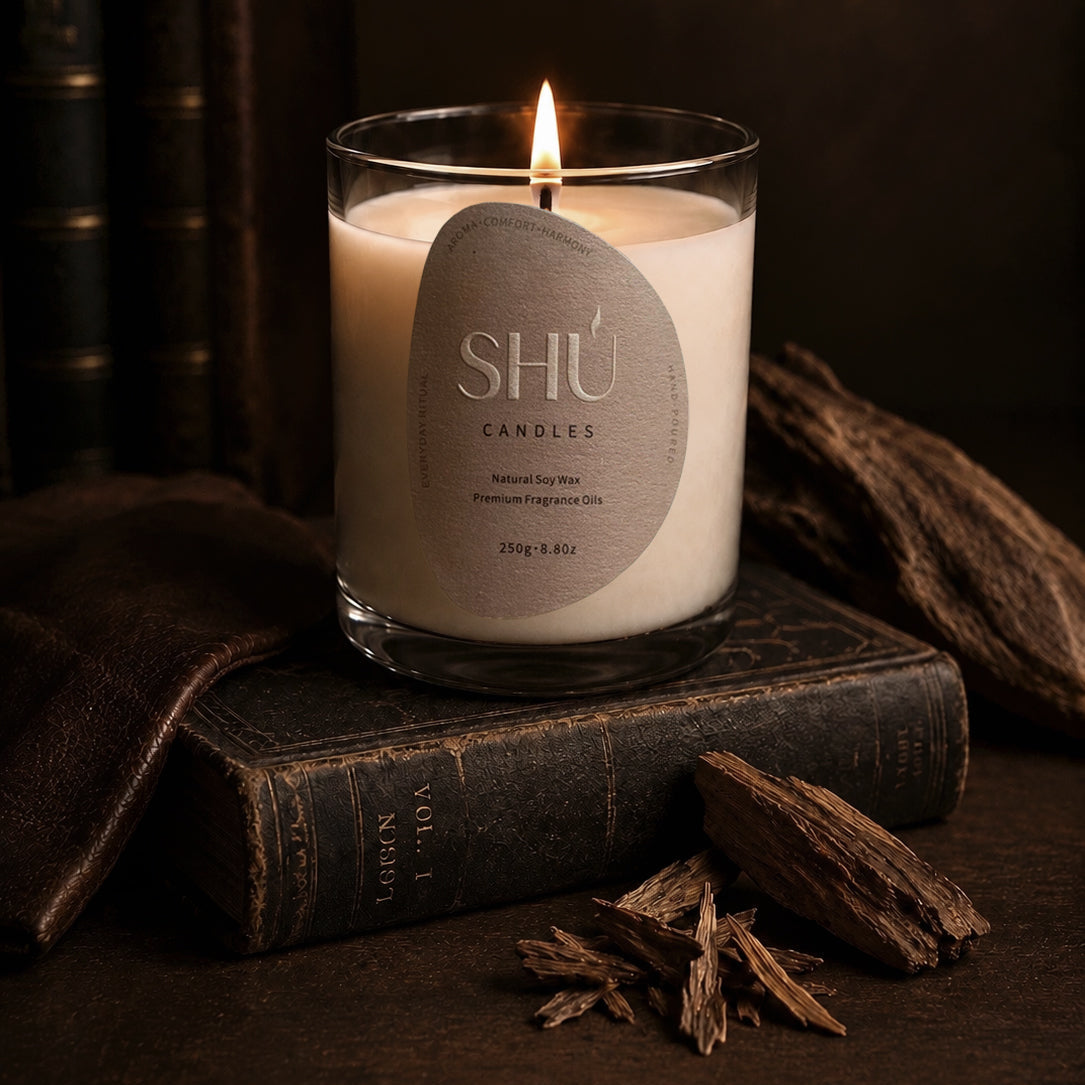 SHU The Old Library candle burning, leather and old paper scent