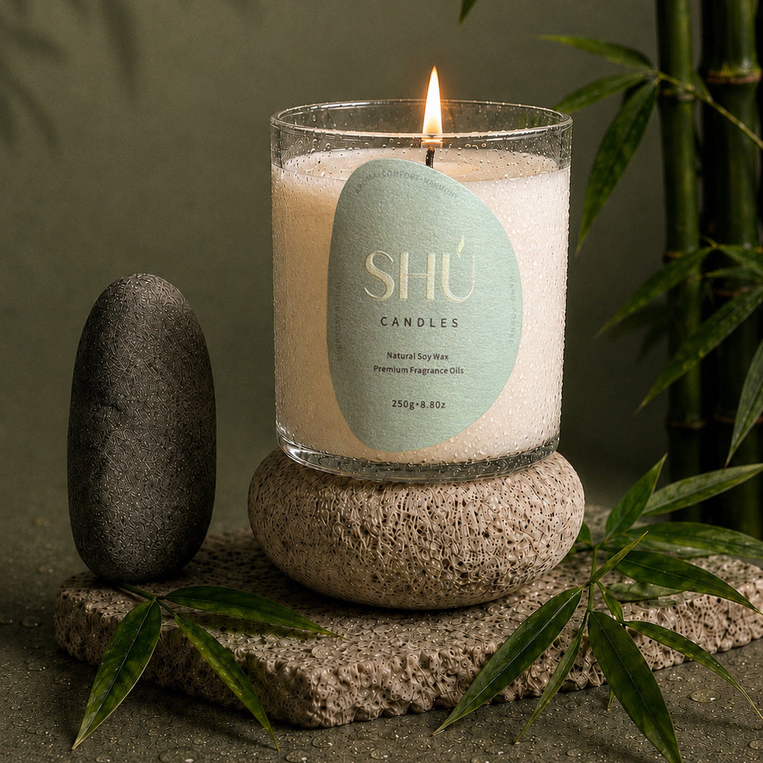 SHU Bamboo Rain candle burning, bamboo leaf and green tea scent
