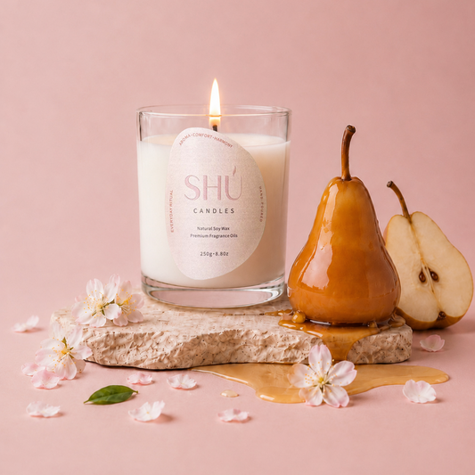 SHU Pear Noir candle burning, brandied pear and vanilla scent