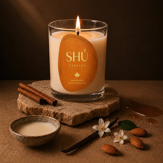 SHÚ Autumn Ambrette soy candle on a stone slab with vanilla pod, orange blossom and almonds