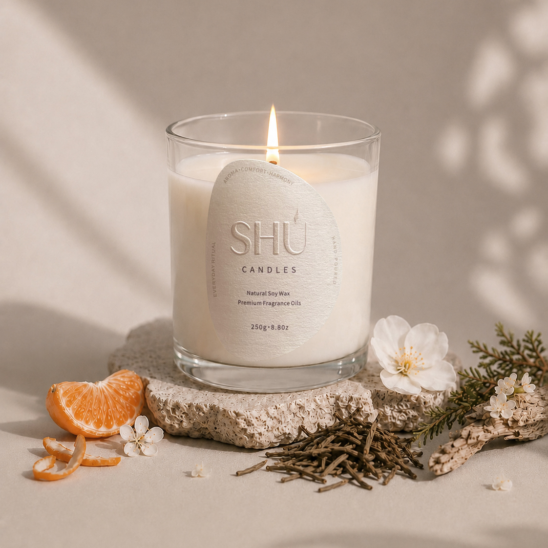 SHU Kyoto Dawn candle burning, yuzu and hinoki scent