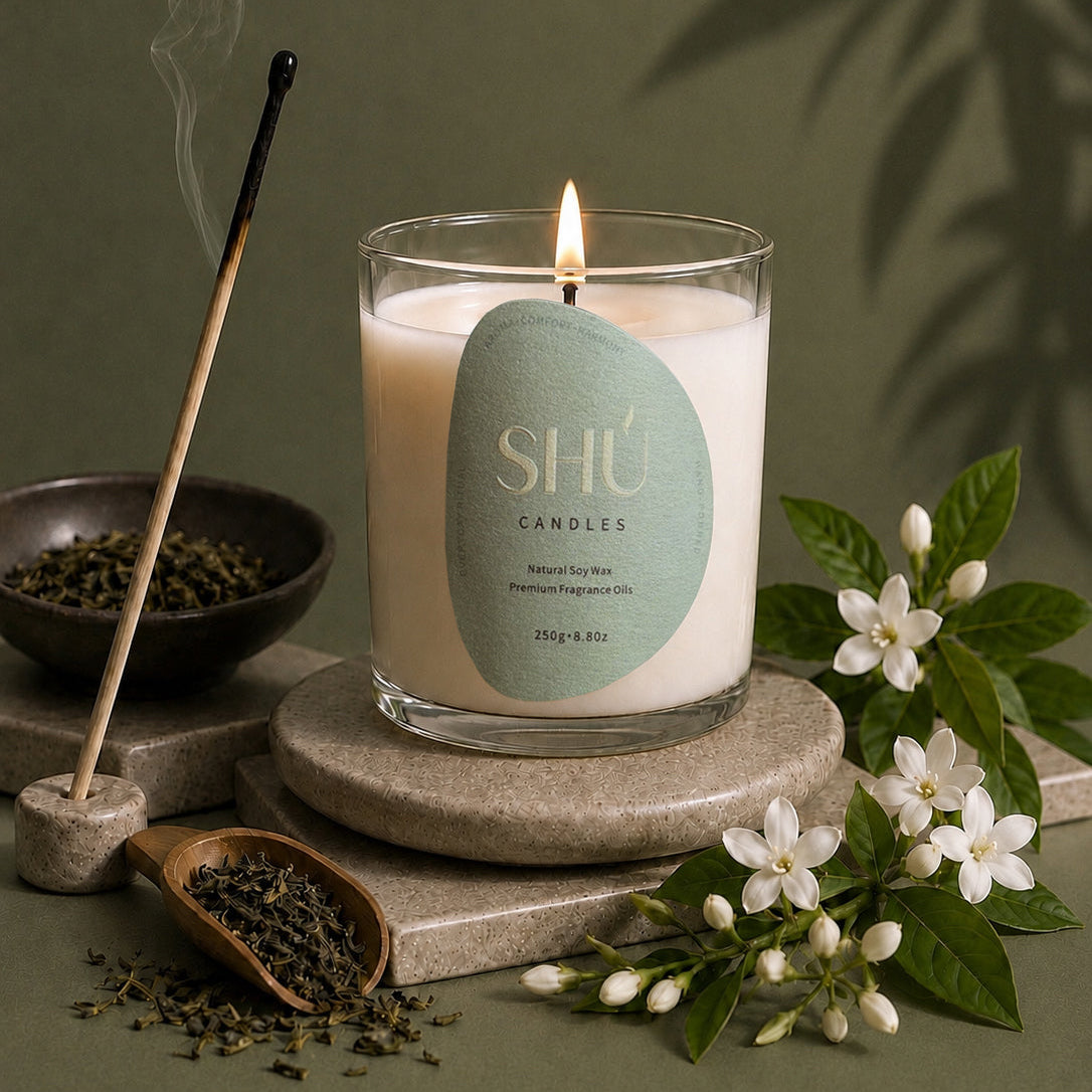 SHU Yaupon Jasmine candle burning, jasmine and green leaf scent