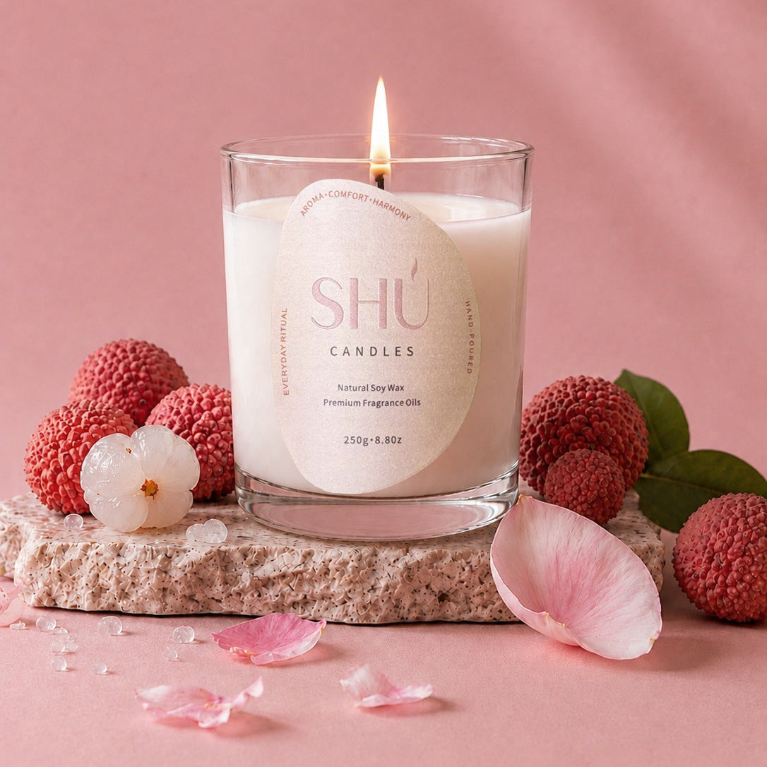 SHU Sugar Lychee candle burning, sweet lychee and rose scent
