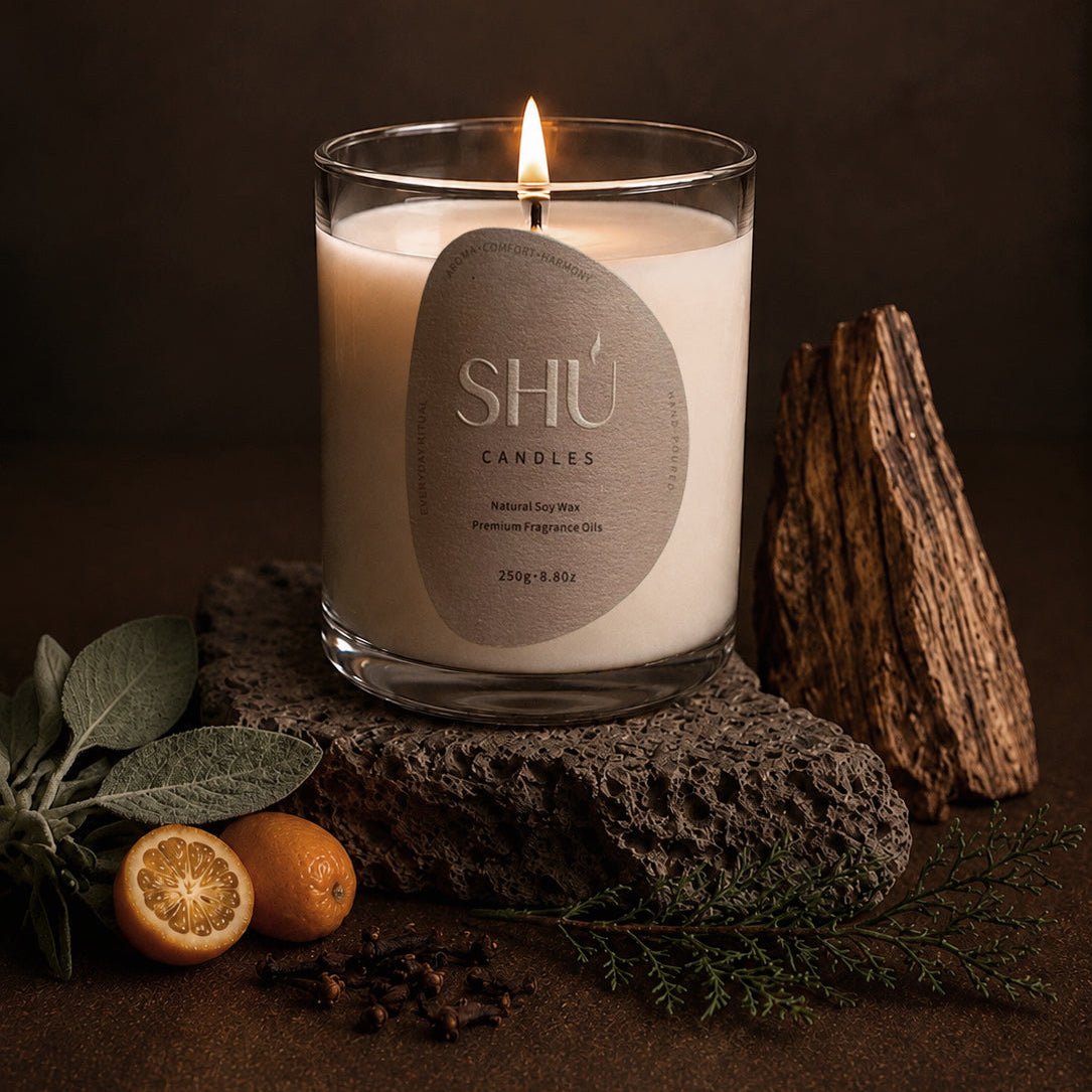 SHU Amber Moss candle burning, oakmoss and amber scent
