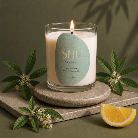 SHU Citrus Bloom candle burning, lemon verbena and basil scent