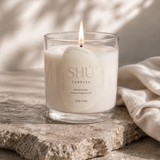 SHU Fresh Linen candle burning, clean cotton and musk scent