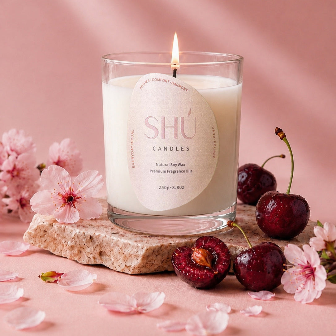 SHU Hanami candle burning, cherry blossom and yuzu scent