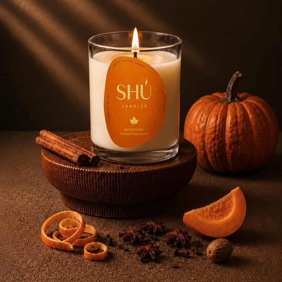 A lit SHU Scents candle in a clear glass jar sits on a dark wooden tray, surrounded by warm autumn props including a small pumpkin, cinnamon sticks, orange peel curls, and a slice of orange on a textured brown surface against a dark brown background.