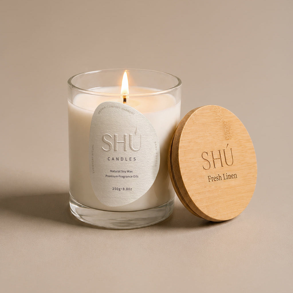 Fresh Linen soy candle in clear glass with bamboo lid, SHU Candles