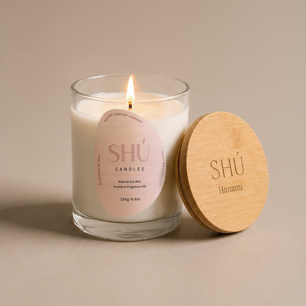 Hanami soy candle in clear glass with blush label, SHU Candles