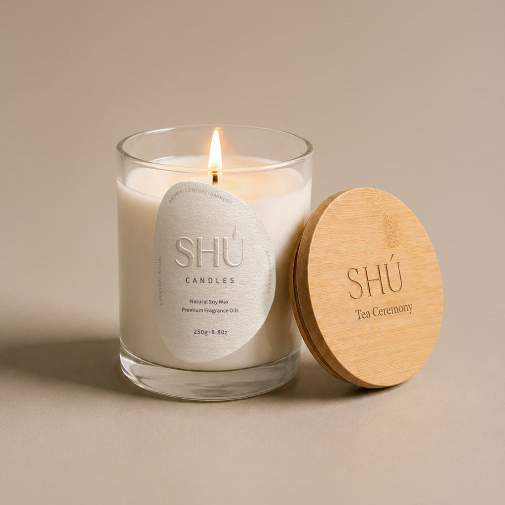 Kyoto Dawn soy candle in clear glass with bamboo lid, SHU Candles
